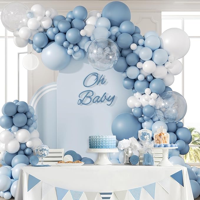 119pcs Dusty Blue Balloon Arch Garland Kit, Blue and White Balloon Arch Kit with Dusty Pastel Blue White Clear Balloons for Bridal Shower Gender Reveal Birthday Baby Shower Party Decorations