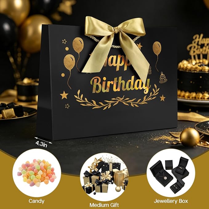 JMANNI Black Gold Happy Birthday Gift Bag with Card and Tissue Paper, 14.2"×9.84"×4.3" Large Present Bag for Men Women, Year Old Birthday Keepsake Party Supplies