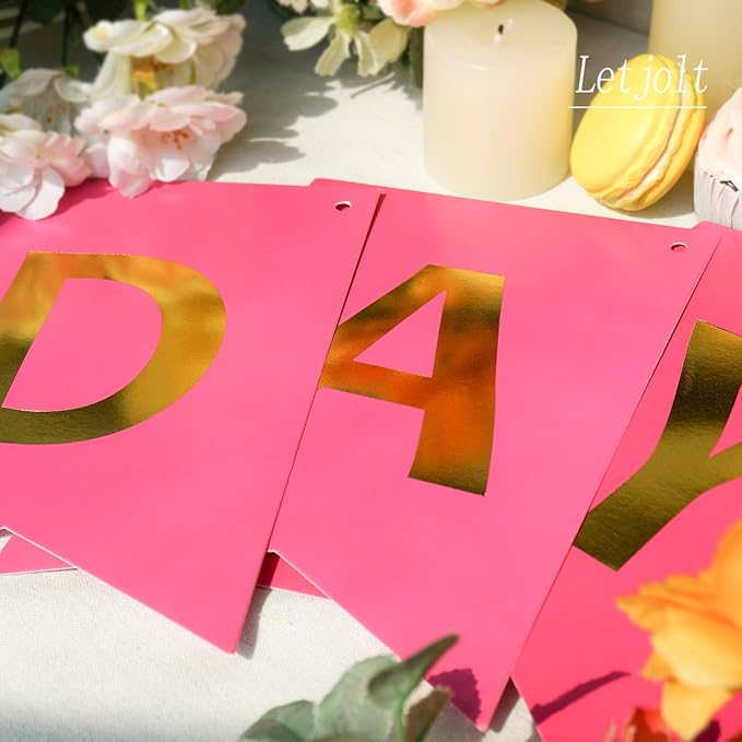 Letjolt Happy Birthday Banner Pure Roseo Party Signs Golden Sparkle Bunting Funny Supplies for Girls Birthday Party Decorations 13 Pieces