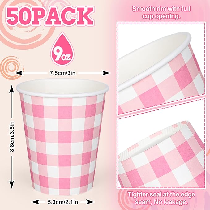 Whaline 50Pcs Buffalo Plaids Paper Cups Light Pink Checkered Disposable Cups Party Decorative Cups for Valentine’s Day Birthday Cold Hot Drinkware Tableware Decor Supplies, 9 Oz