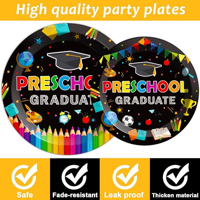 Preschool Graduation Party Supplies Pre-K Grad Tableware Set Kindergarten Graduation Plate Napkin Kindergarten Disposable Paper Dinnerware Kit for Graduate Party decoration Favor 24 Guest (Black)