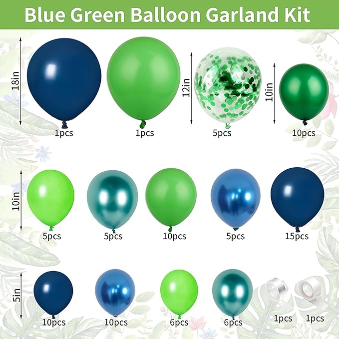 Green Dark Blue Balloon Garland Arch Kit, Dark Blue and Green Latex Balloons, Confetti Balloons for Wedding Birthday Festival Graduation Party Decorations