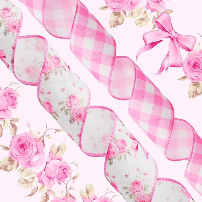 Pink Rose Wired Ribbon Set, 2 Rolls 2.5 Inch x 10 Yards Total, Floral Buffalo Plaid Wired Edge Ribbon for Wreaths, Bows, Gift Wrapping, Wedding Decor, Spring Summer Crafts, Mother's Day Decor