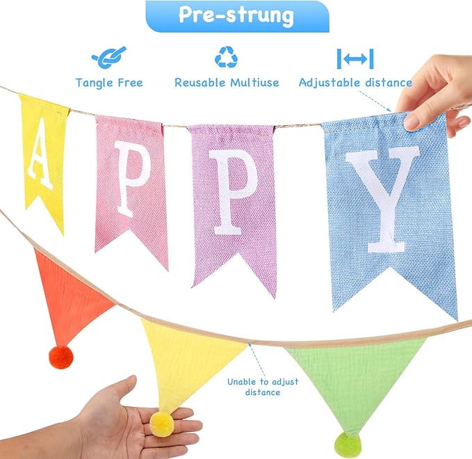 Happy Birthday Banner, Birthday Decorations with Pennant Flags, Colorful Imitated Burlap Birthday Signs with Cotton Crepe Triangle Bunting for Women Girls Boys Kids, Birthdate Party Celebration Backdrops