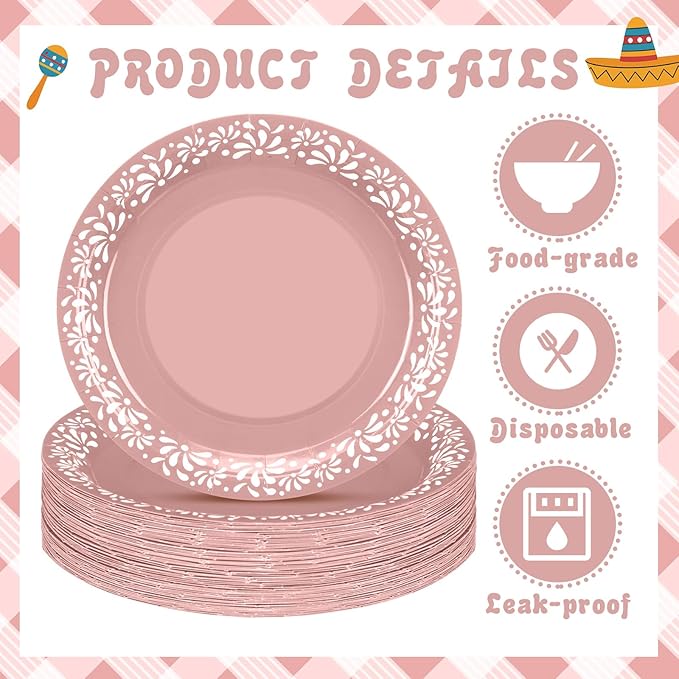 Yungyan 50 Pcs 12 Inch Pink Cielito Lindo Plates Mexican Paper Plates Platos De Barro Cielito Lindo Party Favors for Talavera Baby Shower Birthday Wedding Party Decoration