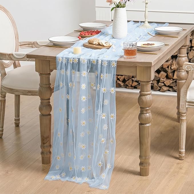 Horaldaily Blue Embroidery Daisy Spring Summer Gauze Tablecloth 60×120 Inch Rectangular, Seasonal Tulle Table Cover, Garden Party Decorations for Wedding, Party, Holiday Dining