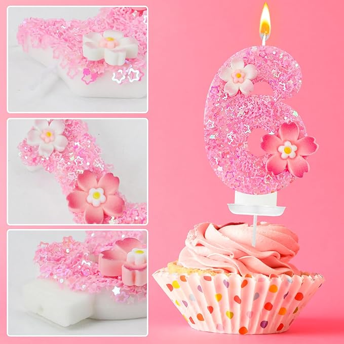 Pink Flower Birthday Candle,Number Birthday Candles for Cake, Ideal Birthday Parties Cake Decor, Wedding Anniversary and Other Celebrations (Number 6, Pink)