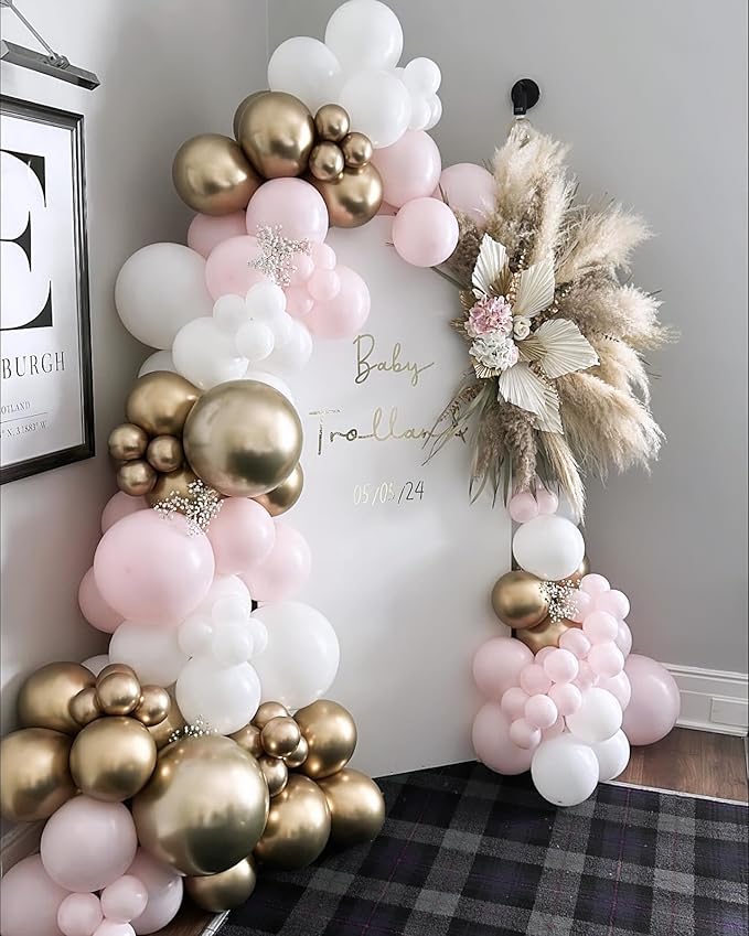 Pink and Gold Balloons, 50pcs 12 Inches Pink White Gold Confetti Balloons with 1 Ribbon for Birthday Baby Shower Wedding Bridal Shower Princess Themed Party Decorations