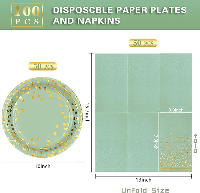 100 Pcs Sage Plates and Napkins Party Supplies,Sage Green Party Plates with Golden Dot for Birthday Baby Shower Bridal Shower Wedding,Serve 50