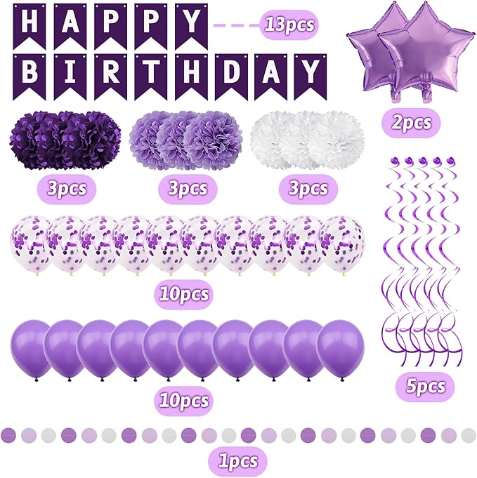 Purple Party Decorations with Banner - Women Girls Engagement, Anniversary & Birthday Supplies