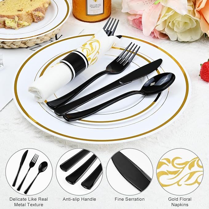 100 Pack Black Plastic Silverware, Pre Wrapped Cutlery Set with Gold Sun Pattern Napkin, Rolled Disposable Utensils Heavy Duty for Wedding, Party, Event Supplies