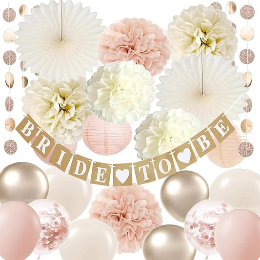 Bachelorette Decorations White Champagne-gold - Bridal Shower Party Decors with Wedding Balloons Rustic Bride to Be Banner Paper Flowers Fans (Dusty Pink + Champagne Gold)