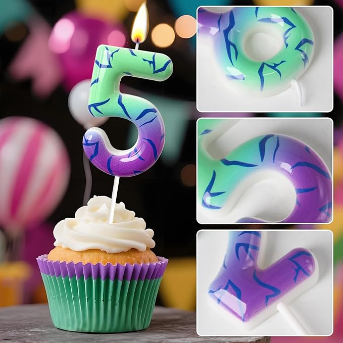 Number 5 Birthday Candle for Cake – Purple Green Gradient Number Candle with Mystic Rune Pattern, Decorative Cake Topper for Anniversary & Celebration