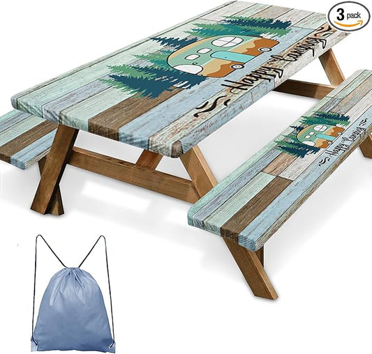 Picnic Table Cover with Bench Covers Elastic Edges, Green Camper Fitted Table Cover, Outdoor Patio Camping Essentials 72 Inch 3PCS, Waterproof Camping Fitted Tablecloth with Drawstring Bag