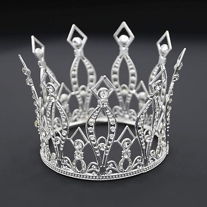 Crown Cake Topper Rhinestone Crystal Handmade Tiara Cake Decoration for Baby Shower Birthday Wedding Party Favors (Silver)