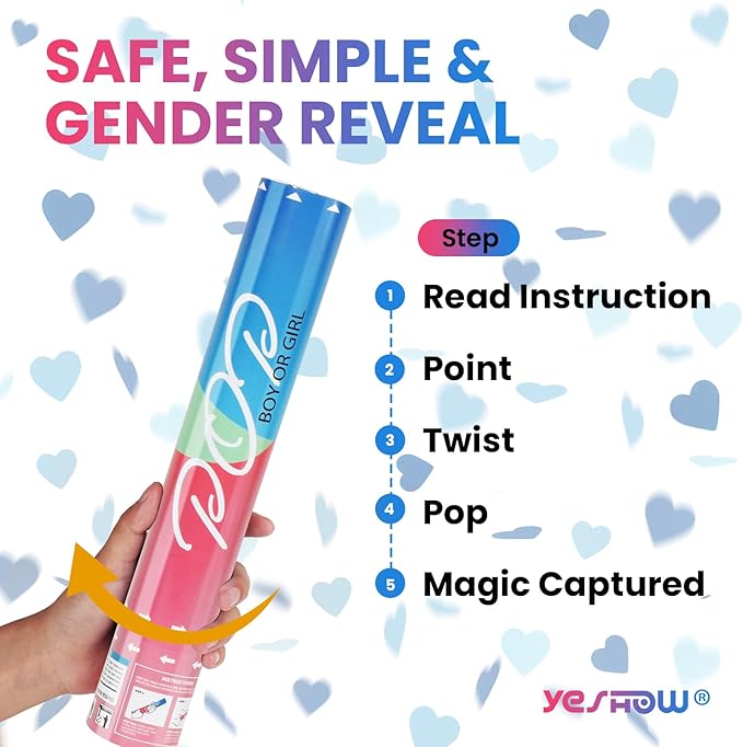 Gender Reveal Confetti Poppers, Blue Confetti Cannon 2 Pack with Heart Shaped Party Confetti for Baby Shower, Birthday, Gender Reveal Party Supplies - 12 inch
