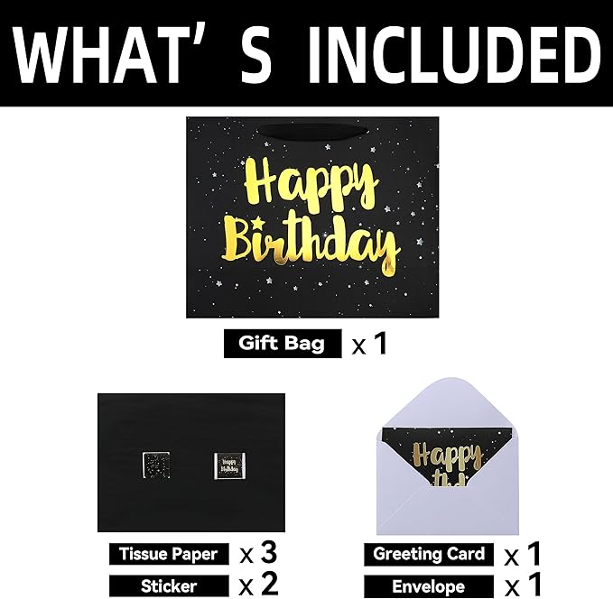 13" Large Black Gift Bag Set with Greeting Card and Tissue Papers (Stars and Gold Foil ‘Happy Birthday’) for Men's or Women's Party, Boys', Girls' or Kids' Birthday Parties, Baby Boy or Girl, 13”x5.2”x10.2”, 1 Pcs.