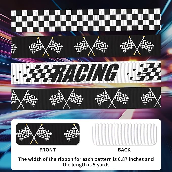 4 Pack Racing Ribbon Set, 7/8 Inch x 5 Yard Grosgrain Ribbons Each, Checkered Flag Race Car Patterns, Motorsport Gift Wrap for Car Shows, Racing Events, Trophy Decoration, Hair Bows
