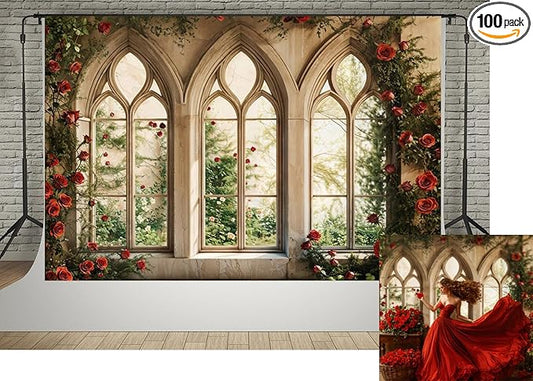 Kate 10x6.5ft Gothic Window Red Rose Backdrop Vintage Floral Castle Arched Window Photo Background for Wedding Bridal Shower Birthday Party Photoshoot Decor