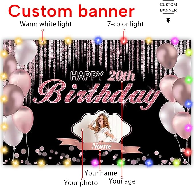 Custom Rose Gold Happy Birthday Banner, Personalized Pink Birthday Banner for Women
