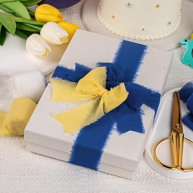 Chiffon Ribbon, Blue Yellow White Silk Ribbon, 1-1/2''x21Yd Handmade Frayed Fringe Ribbon for Wrapping, Floral Vase Decor, Graduation, Birthday, New Year Party Decoration, Shower, 3 Rolls