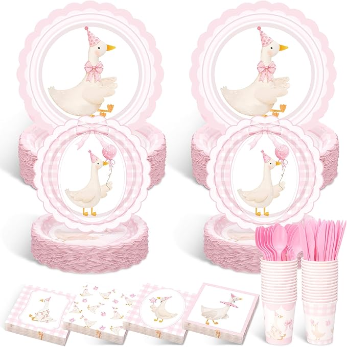 Zhehao 350 Pcs One Silly Goose Birthday Party Tableware Set Scalloped Pink Bow Baby Shower Plates Cup Napkins Forks for Birthday Party Decorations Supplies for 50 Guests