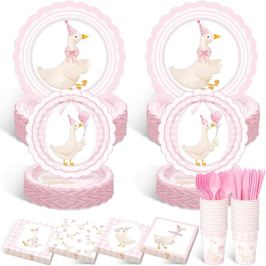 Zhehao 350 Pcs One Silly Goose Birthday Party Tableware Set Scalloped Pink Bow Baby Shower Plates Cup Napkins Forks for Birthday Party Decorations Supplies for 50 Guests