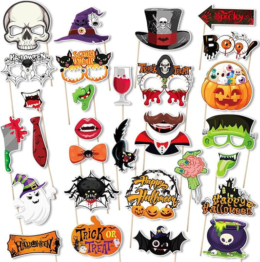 Halloween Photo Props, Tumwisk 30PCS Halloween Photo Booth Funny Kit, Witch Hat Pumpkin Skull Mask Bat Glasses Spider Selfie Props for All-Hallows-Eve Decoration