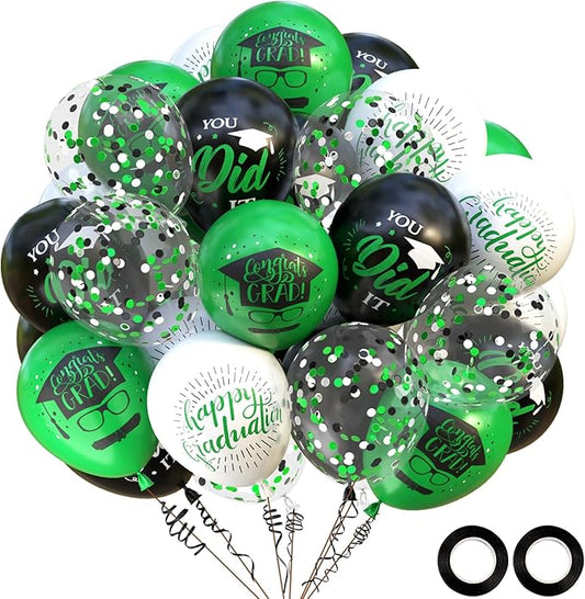 OuMuaMua 75 Pack Graduation Party Decorations Balloons Set - 12 Inch Black Green White Confetti Graduation Balloons with 2 Ribbons for Class of 2026 Congrats Grad Birthday Party Decor Supplies
