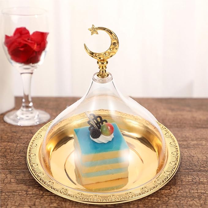 POPETPOP Carved Disc Cake Plate with Cover 6.7 Inch Round Metal Dessert Stand for Wedding Party Snack Display and Cupcake Holder