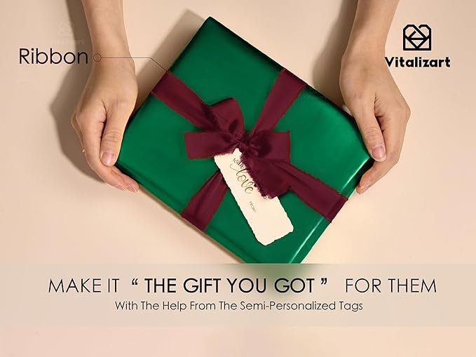 Vitalizart Green Matte Metallic Wrapping Paper Set 17" With Red Silk Like Satin Ribbon & Gift Tags Recyclable Christmas Gift Wrapping Birthday Baby Shower Wedding Handmade Crafts 197"(16.4 Ft)