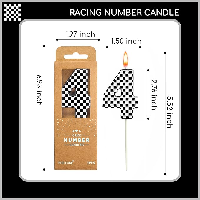 PHD CAKE 2.76 Inch Number 4 Racing Birthday Candles, Cool Racing Themed Number Candles, Cake Number Candles, Party Celebration, Style Candle