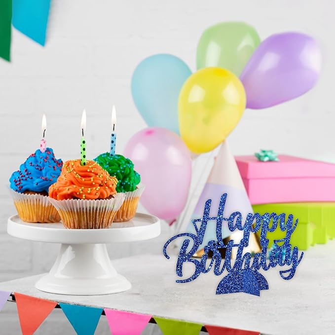 Happy Birthday Table Centerpiece, Dark Blue Glitter Birthday Party Paper Free Standing for Women Men, HBD Script Table Centerpiece for Bday Party Supplies