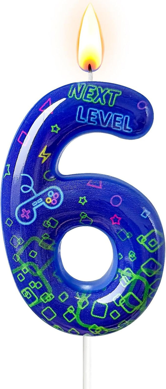 Number 6 Birthday Candle for Cake – Blue Gaming Theme Number Candle with “Next Level” Design, Video Game Style Cake Topper for Anniversary & Celebration
