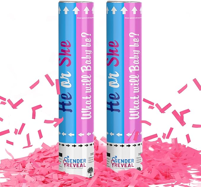 POPUPARTY 2 Pack Gender Reveal Confetti Cannon | No Powder Confetti Poppers | Ideal for Baby Girl Gender Reveal Decoration (2 Pink)