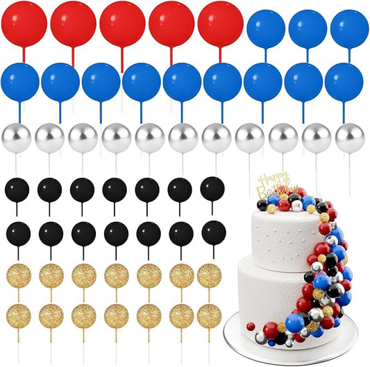 60Pcs Glitter Cake Balls Decorations Foam Cake Topper Balls Mini Balloon Cupcake Toppers for Cake Decorating Birthday Baby Shower Party (Glitter Red Blue Series)