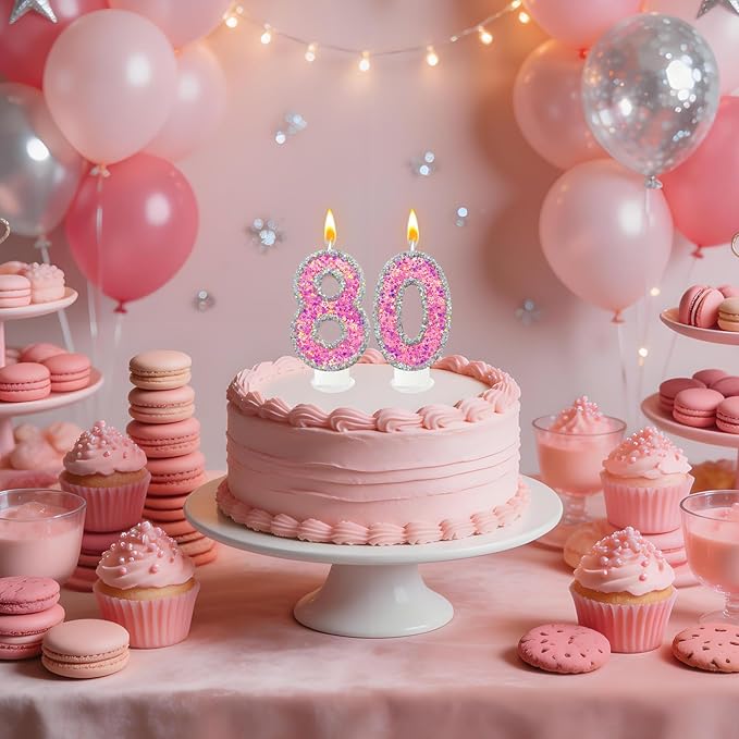 Number 8 Birthday Candle for Cake – Silver Glitter Edge with Pink Star Confetti – Decorative Number Cake Topper for Anniversary & Celebration Party Decor