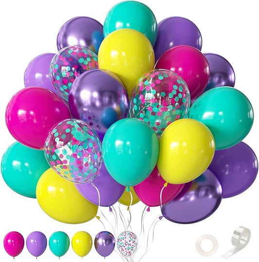 Pink Blue Purple Balloons 60 Pcs 12 Inches Hot Pink Metallic Purple Yellow Confetti Balloons for Kid's Theme Birthday Decoration Baby Shower Girls Party Supplies