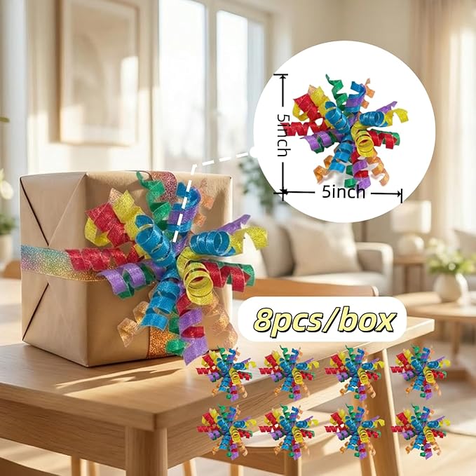 Rainbow Bow | Premium Self Adhesive Ribbon Bows for Gift Wrapping, Hair & Craft | Easter & Graduation Day Gift Basket Decorations| Premade Ribbon for Wreaths & Flowers-8 Counts