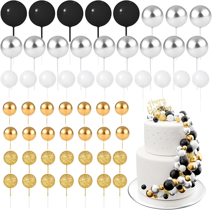 60Pcs Glitter Cake Balls Decorations Foam Cake Topper Balls Mini Balloon Cupcake Toppers for Cake Decorating Birthday Baby Shower Party (Glitter Black Silver Series)