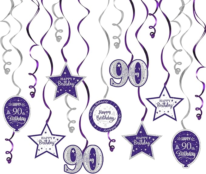 Happy 90th Birthday Purple & Silver Glitter Swirls Streamers Party Decorations - 15 Pcs 90th Birthday Hanging Swirls Streamers Kit,Cheers to Ninety Years Old Bday Party Sign.