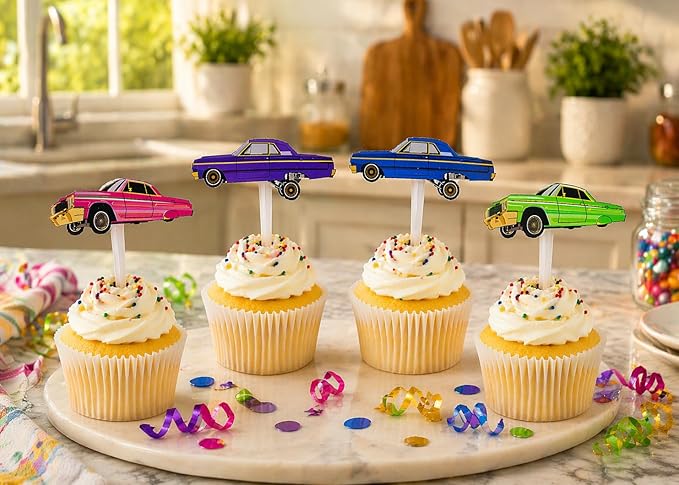 24 PCS Lowrider Cupcake Toppers - Lowrider Party Decorations - Cholo Theme Party - Lowrider Car Birthday Decorations - Pink, Blue, Green, Purple