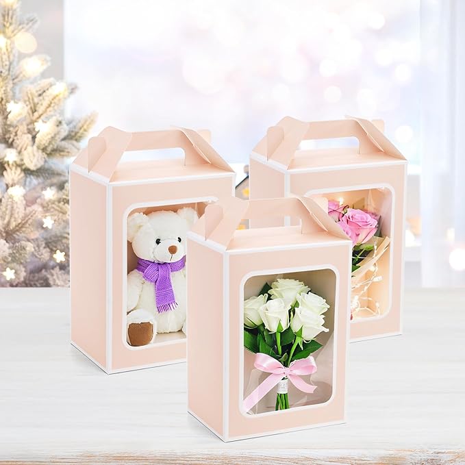 Tosnail 30-Pack Pink Gift Bags with Window, 9.8 Inches Tall Clear Favor Boxes, See Through Bag for Gifts, Party Favors, Weddings, Bridal Shower