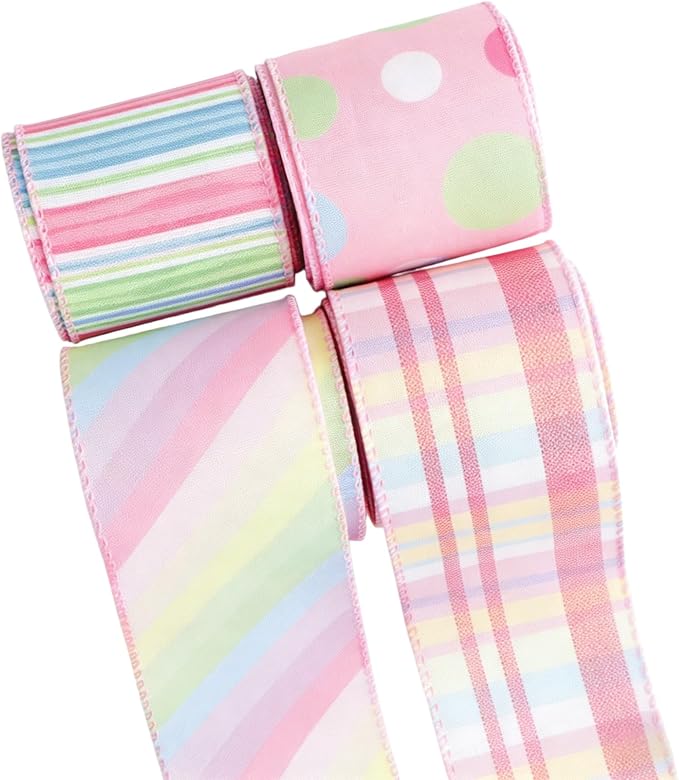 Meseey 4 Rolls Pastel Wired Ribbon, 2.5 Inch x 5 Yards Polka Dot/Plaid/Striped Ribbons for Easter Wreaths, Gift Wrapping,Baskets, Crafts, Spring Party Decorations