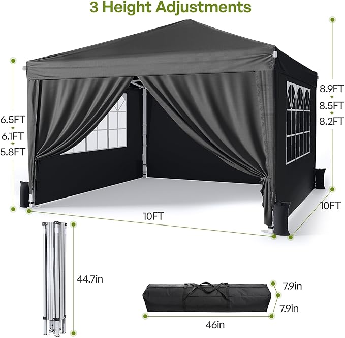 10x10 Pop Up Canopy with Sidewalls, Instant Portable Canopy Tent with Carry Bag for Commercial Events, Camping, Parties - Black