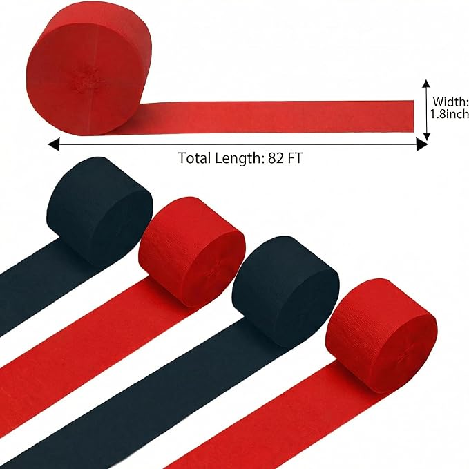 GCB Black Red Crepe Paper Streamers 4Rolls 328ft Pack of Party Streamers Crepe Paper for Birthday Party Decorations Wedding Decorations Baby Shower Engagement Anniversary Decors (1.8inx82 Ft/Roll)