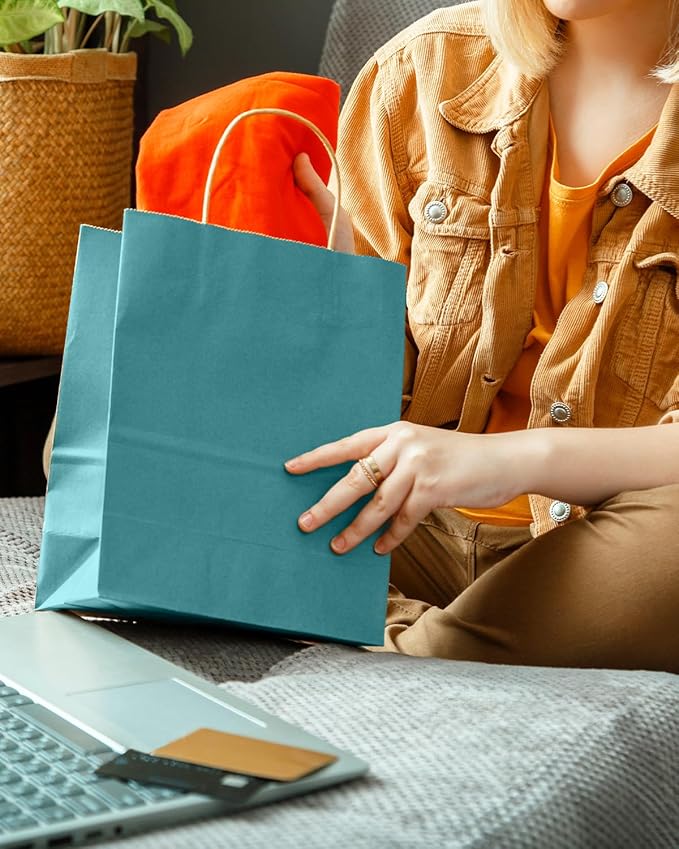 qiqee Slate Blue Gift Bag with Handles Bulk 24Pcs Paper Bags -10.6"x8.3"x4.3"Party Favor Bags - Solid Color
