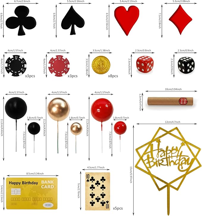 34PCS Casino Birthday Cake Decoration Dice Poker Chips Cupcake Cake Topper Set Ball Cake Topper Playing Card Game Theme Picks for Las Vegas Scene Birthday Party Decoration Supplies