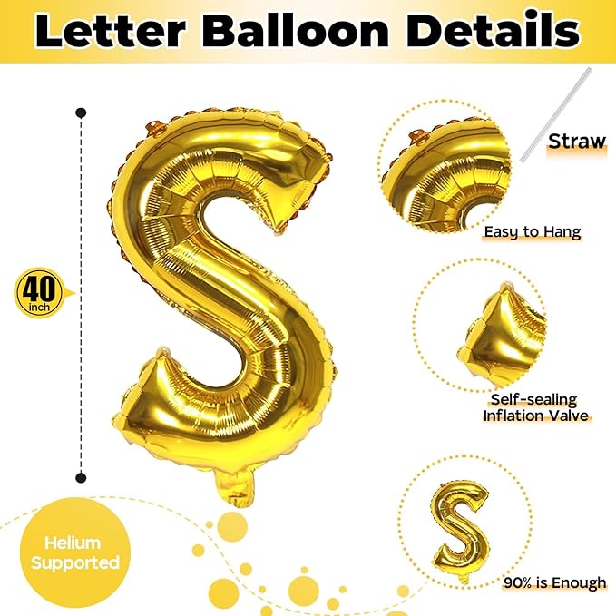 Giant S Alphabet Name Balloon, Gold Self Inflating Custom Letter Balloons Birthday Decor, 40 Inch Helium Mylar Foil Word Balloons Letters for Girls Men Anniversary Party Graduation Decoration Supplies