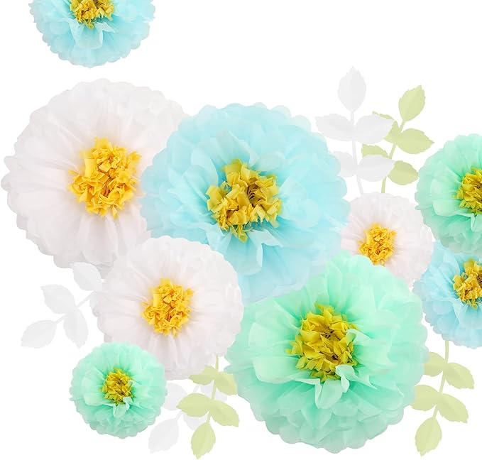 Fonder Mols Tissue Paper Chrysanth Flowers with Butterfly and Olive Leaves for Wedding Baby Shower Nursery Room Parties & Events Decorations Pom Poms (White Mint Baby Blue)